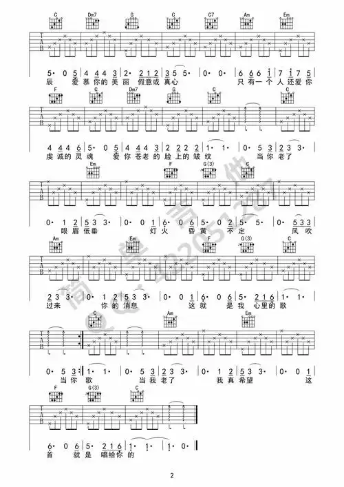 当你老了赵照简单吉他版高清吉他谱