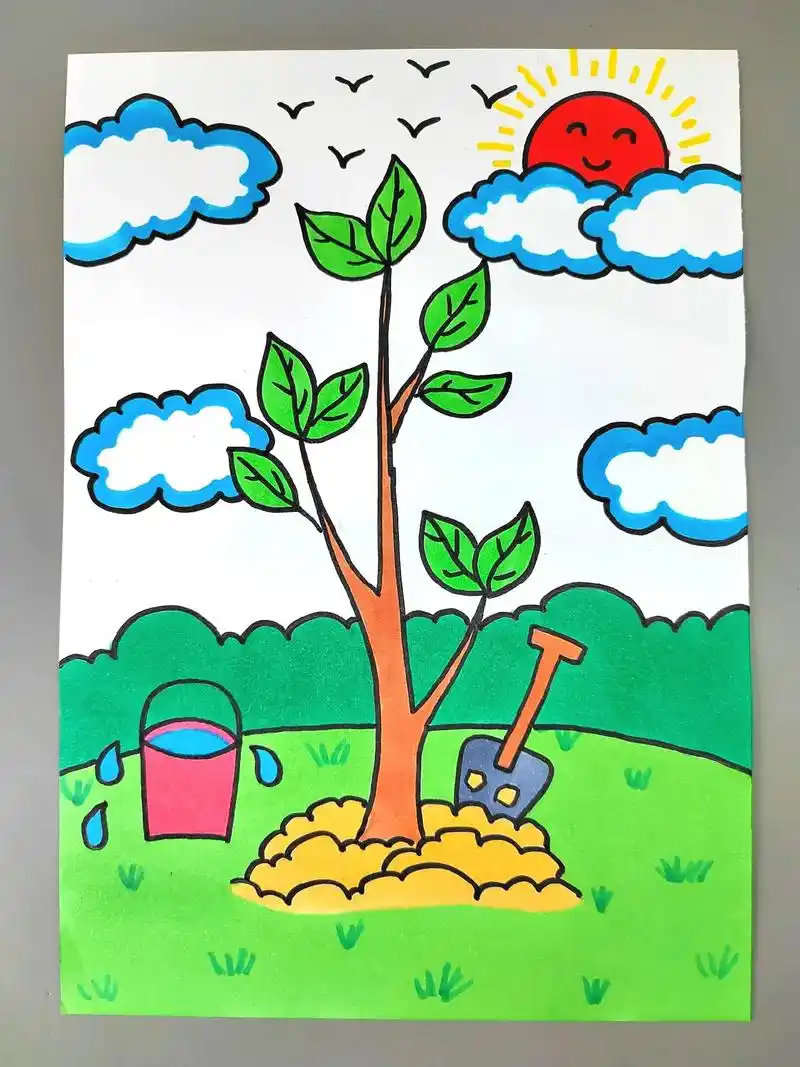 超简单的植树节创意画来咯!幼儿园小朋友也能学会,快来试试吧# - 抖音