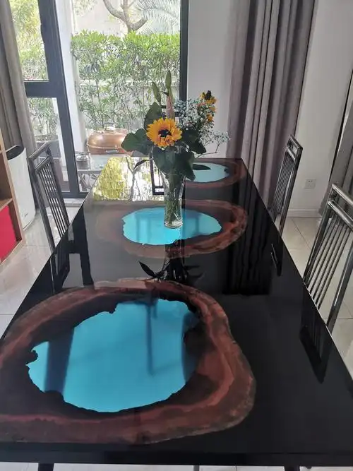 优质咖啡河实木餐桌餐厅餐桌树脂环氧餐桌