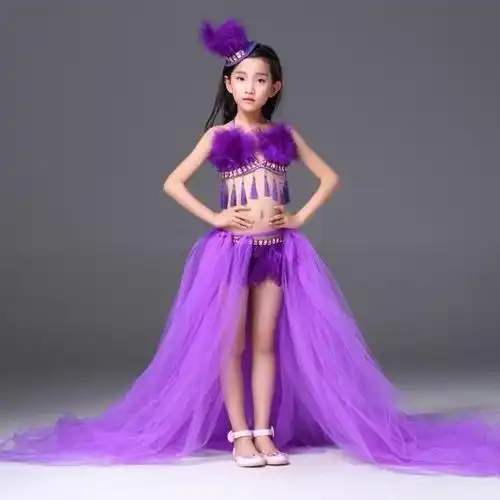 新款儿童t台走秀泳装 女童模特舞台表演服装 羽毛比基尼演-阿里巴巴