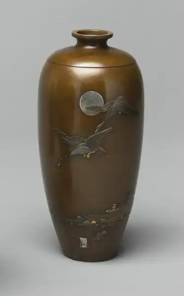 lot 1579 日本 明治时代 铜嵌混合金属月圆飞雁图瓶