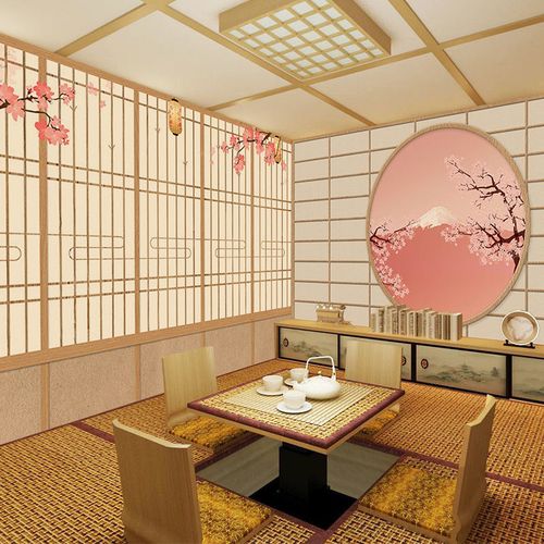 日式剧本杀店麻将馆壁纸樱花料理寿司店餐厅壁纸浮世绘定制壁画