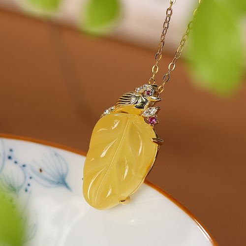 缘925银镀金蜜蜡吊坠复古个性喜鹊黄蜜叶子女士优雅气质挂坠蜜蜡吊坠