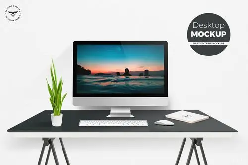 现代简约办公桌场景一体机电脑样机蚂蚁素材精选模板 desktop mockups