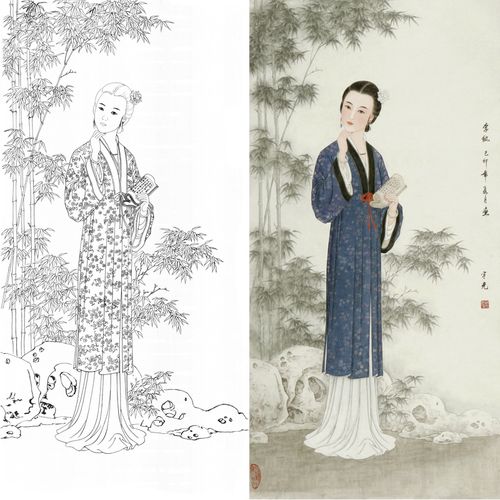 国画红楼梦金陵十二钗高清工笔画仕女人物白描底稿实物宣纸打印稿