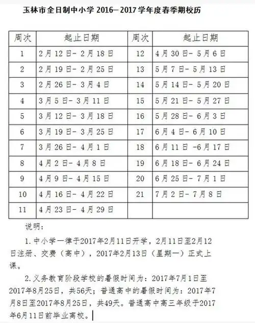 20162017学年广西玉林高中寒假放假及开学时间安排