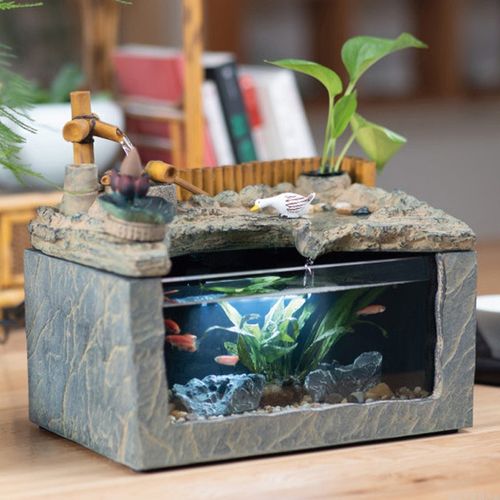 桌面微景观鱼缸造景套餐新中式摆件玻璃缸客厅小型装饰水族箱创意