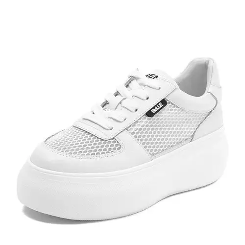 belle/百丽款牛皮革/网布松糕底女休闲小白鞋55876bm8