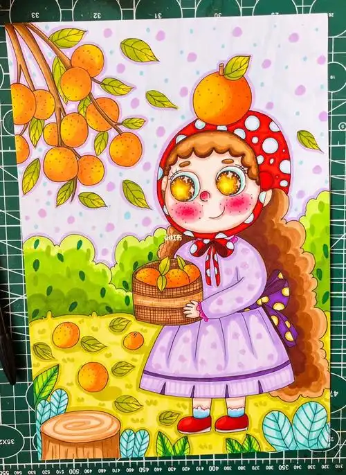 马克笔儿童画橘子熟了