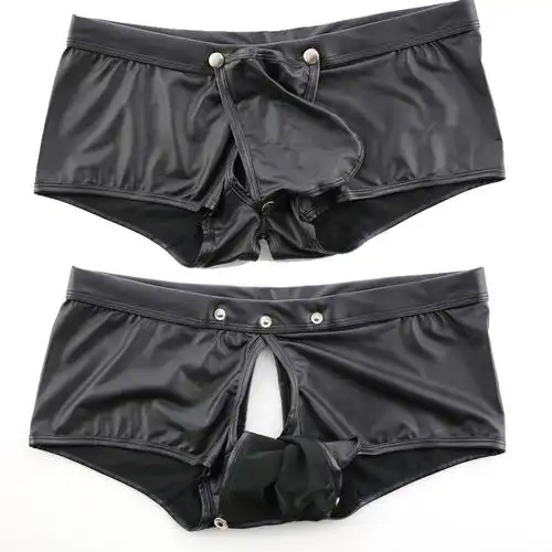 空可男士性感漆皮平角内裤四角仿皮低腰情趣男平角内裤