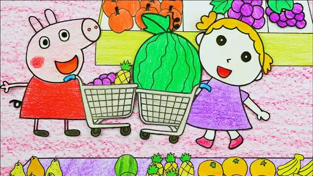 可可手绘  手绘定格动画:小猪佩奇去超市购物,佩奇和可可买大西瓜和