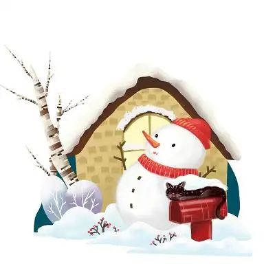 冬天手绘卡通冬季促销雪人雪地场景插画素材