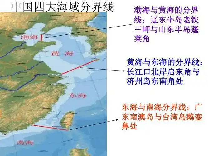线:辽东半岛老铁 三岬与山东半岛蓬 莱角 黄海与东海的分界线: 长江口