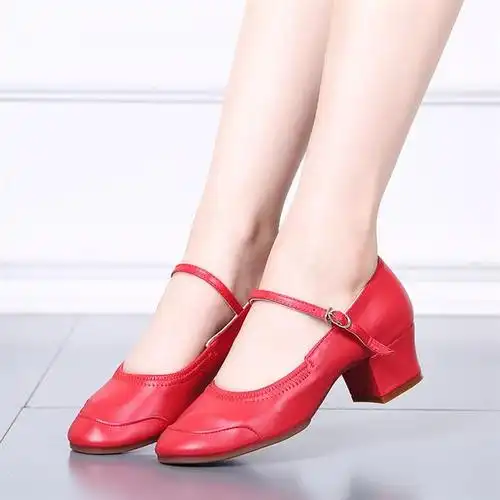 广场舞鞋子跳舞鞋四季中跟 女红色软底舞蹈鞋真皮成人交谊舞女鞋