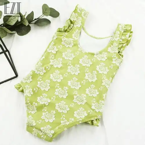 弈姿新款女童泳衣甜美可爱提花连体三角游泳衣儿童泳衣