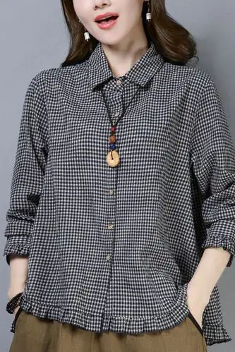 春韩版宽松大码格子衬衫女长袖棉麻休闲衬衣套头上衣
