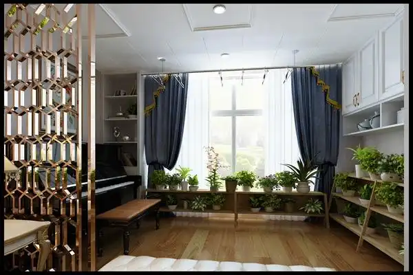 阳台墙体拆除推移,换成金色隔断扩大阳台空间作为钢琴房和阳光花房,使
