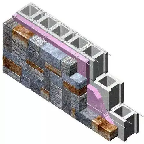 并在墙的内叶和外叶之间用防锈的金属拉结件连接形成的墙体,又称夹心