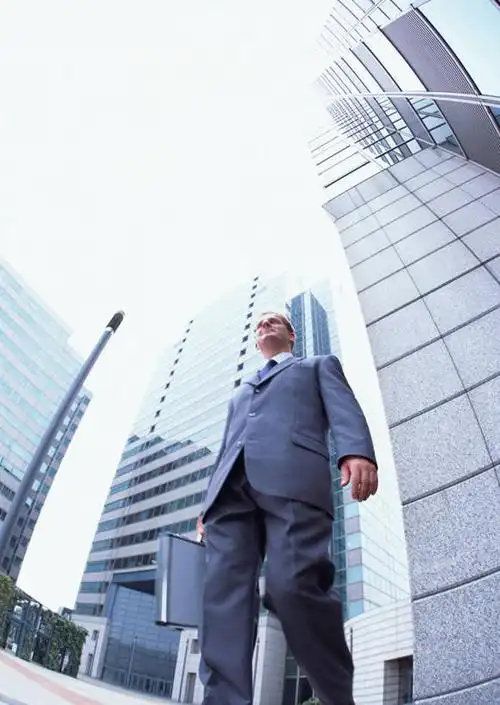 西方人,一个人,商务人士,商务男性,高楼大厦,站,竖图,室外,白天,仰视