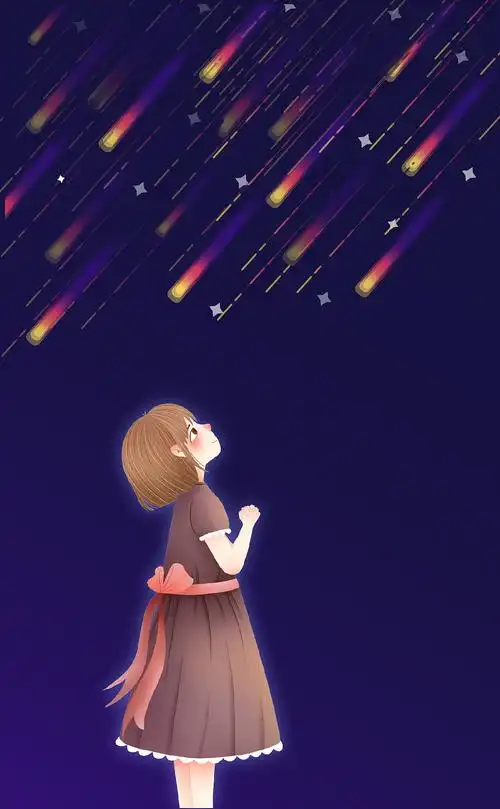 手绘插画星空下的小女孩