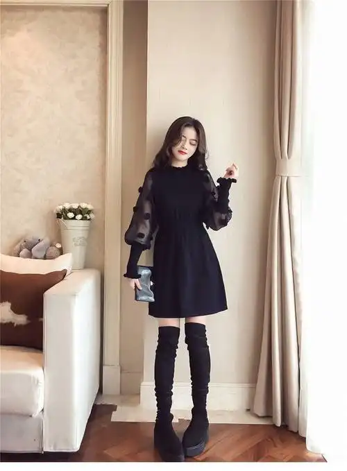 韩版秋冬女装百搭长袖连衣裙胖mm仙女裙中长款收腰显瘦外穿秋衣潮