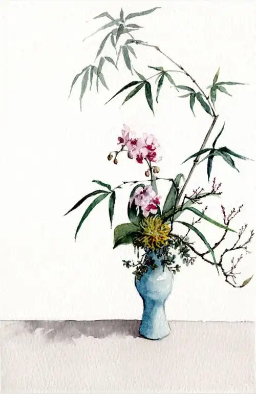 水彩国风瓶花