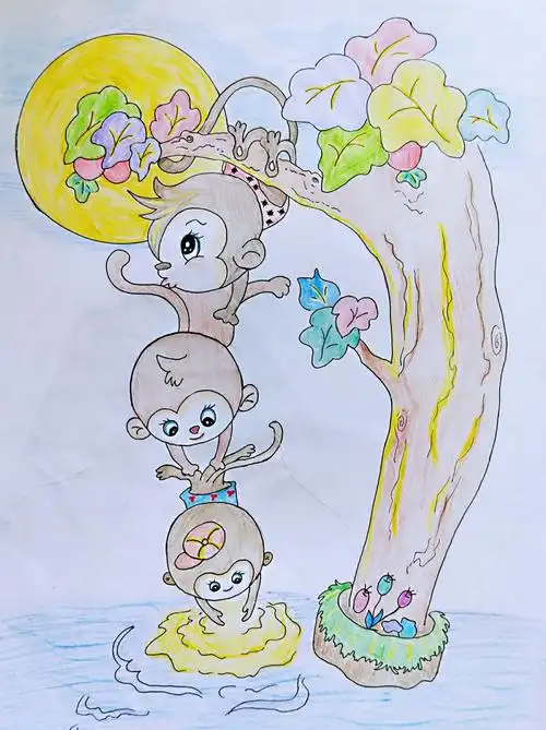 猴子捞月的童话故事仿佛又在脑海里想起了(彩铅画)