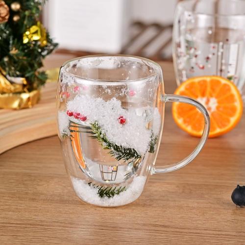 圣诞节雪花玻璃水杯隔热透明咖啡杯耐热双层家用办公室牛奶果汁杯