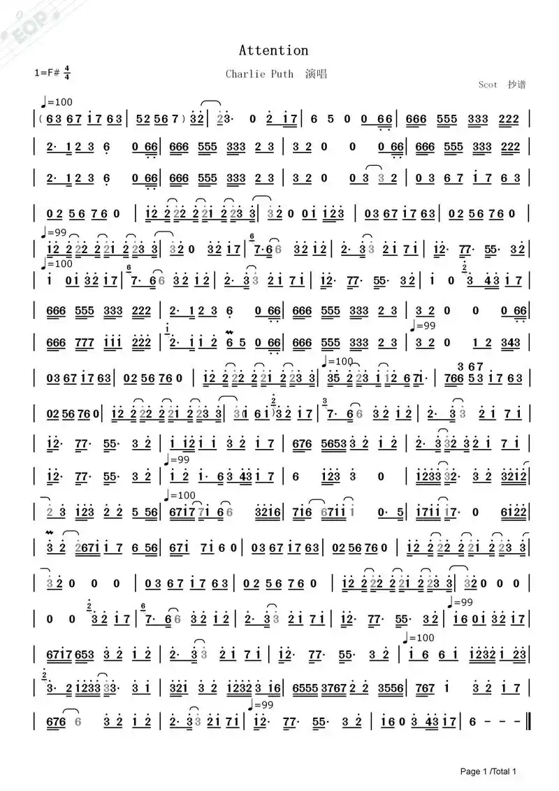 「欧美热曲」attention-charlie puth演唱——动态简谱
