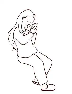 手绘卡通弯腰塌肩坐着玩手机的女士简笔画