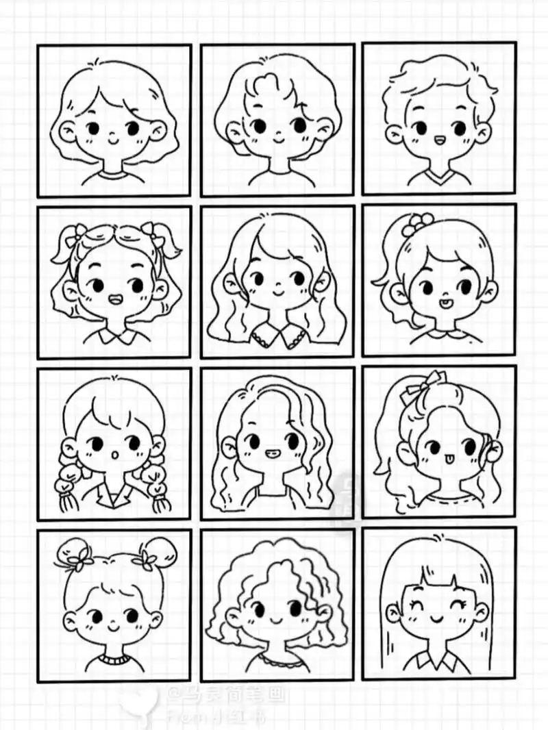 简笔画|手绘小头像人物可爱女孩卡通插画 零基础绘画|简笔画教程|黑白