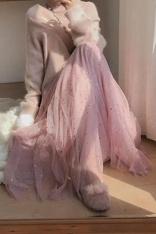 半身裙女加厚秋冬新款星星亮片网纱裙仙女裙中长款a字裙纱裙