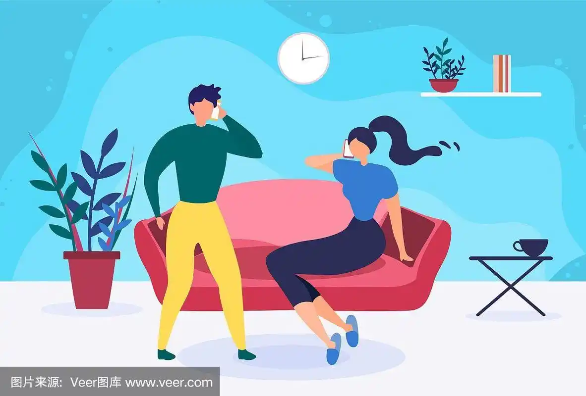 年轻夫妇在家里打电话卡通
