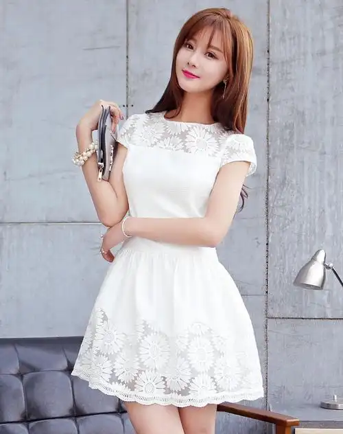 美都汇modewe女装专场 白色蕾丝淑女短袖连衣裙