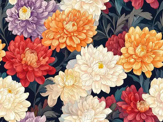 ai数字艺术四方连续绚丽多彩的菊花印花背景图片素材