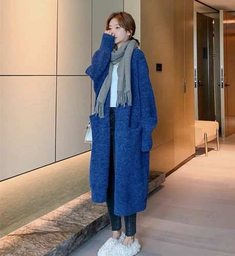 实拍中长款开衫外套女2021秋冬新款韩版宽松针织衫蓝色毛衣女外穿