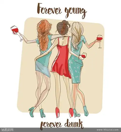 一起喝酒的美女插画绘画矢量素材