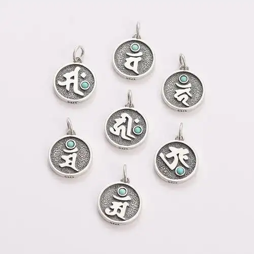 s925银十二生肖守护神梵文吊坠手工diy手链饰品配件圆牌挂件配饰