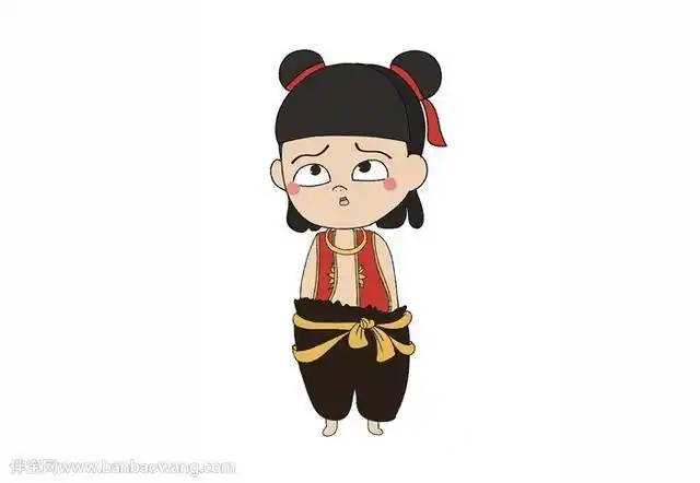 5最后给他的裤子涂黑色腰带涂黄色简单又可爱的哪吒简笔画就完成了