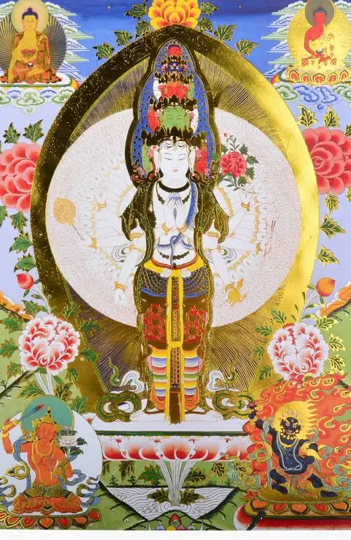 千手观音唐卡画像客厅玄关 西藏密宗佛像挂画中号64cm【图片 价格