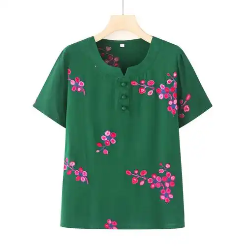 中老年人女装奶奶夏装短袖t恤老奶奶宽松衣服妈妈装夏季圆领上衣