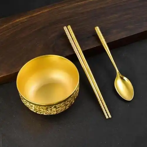 金碗金筷子金勺子黄金色食用熟金龙凤银碗三件套装