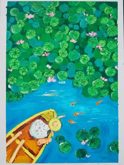 种着睡莲的池塘油画棒手绘