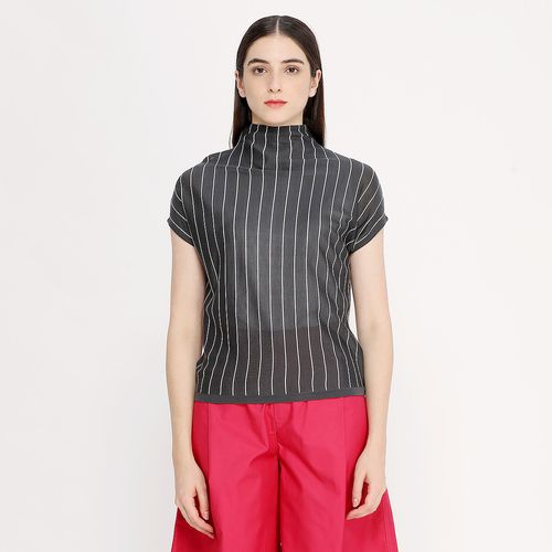 商场同款原创春季设计师文艺大码半高领条纹落肩袖短袖针织衫