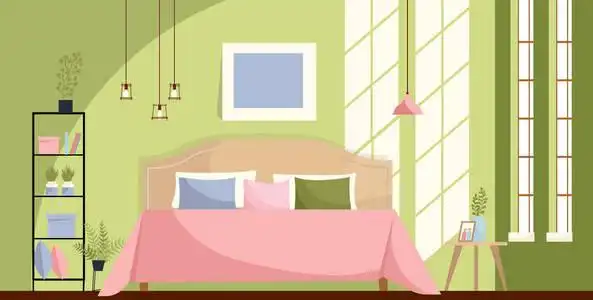 绿色墙壁上的阳光和粉红色的床罩, 房间里有许多枕头.