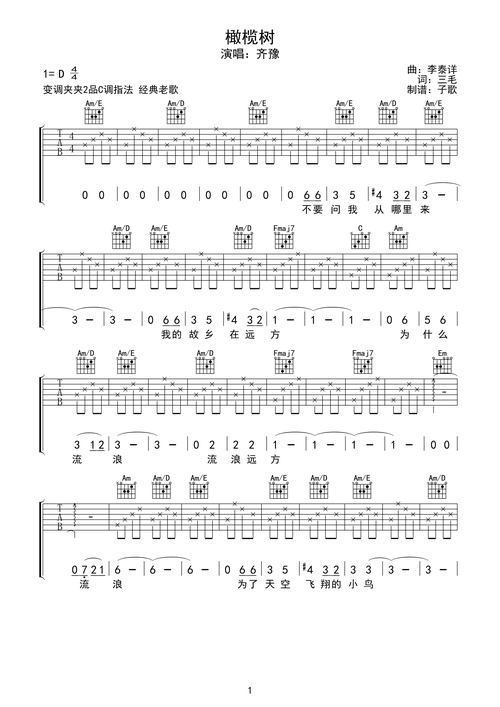 齐豫《橄榄树》吉他谱-c调