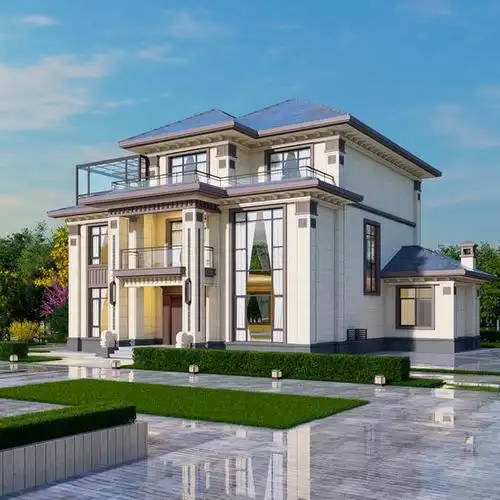 开间20米进深16米新中式三层农村别墅设计图纸带偏房露台阳光房