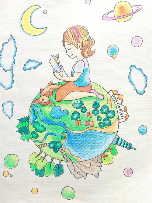 卡通画儿童画简笔画读书主题画