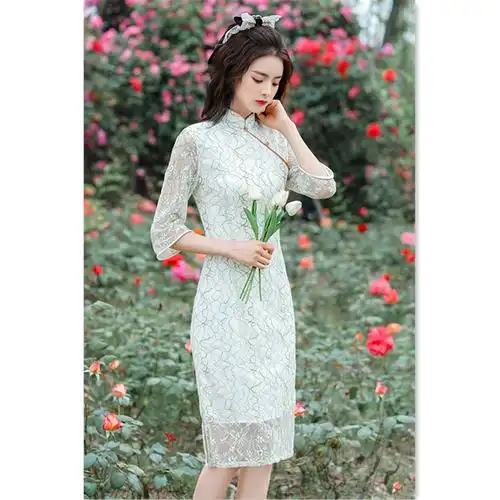 时尚改良蕾丝七分袖中长款旗袍夏季新款年轻女士旗袍裙