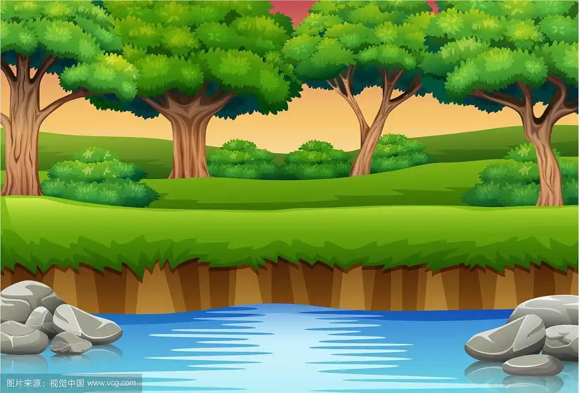 卡通的河流在森林和剪影bac